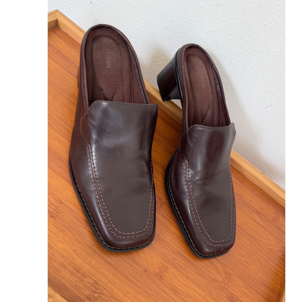 Bass Ceecee Brown Leather Square Toe Block Heel Mules 9.5M 621020A-206 Preppy - Picture 2 of 16